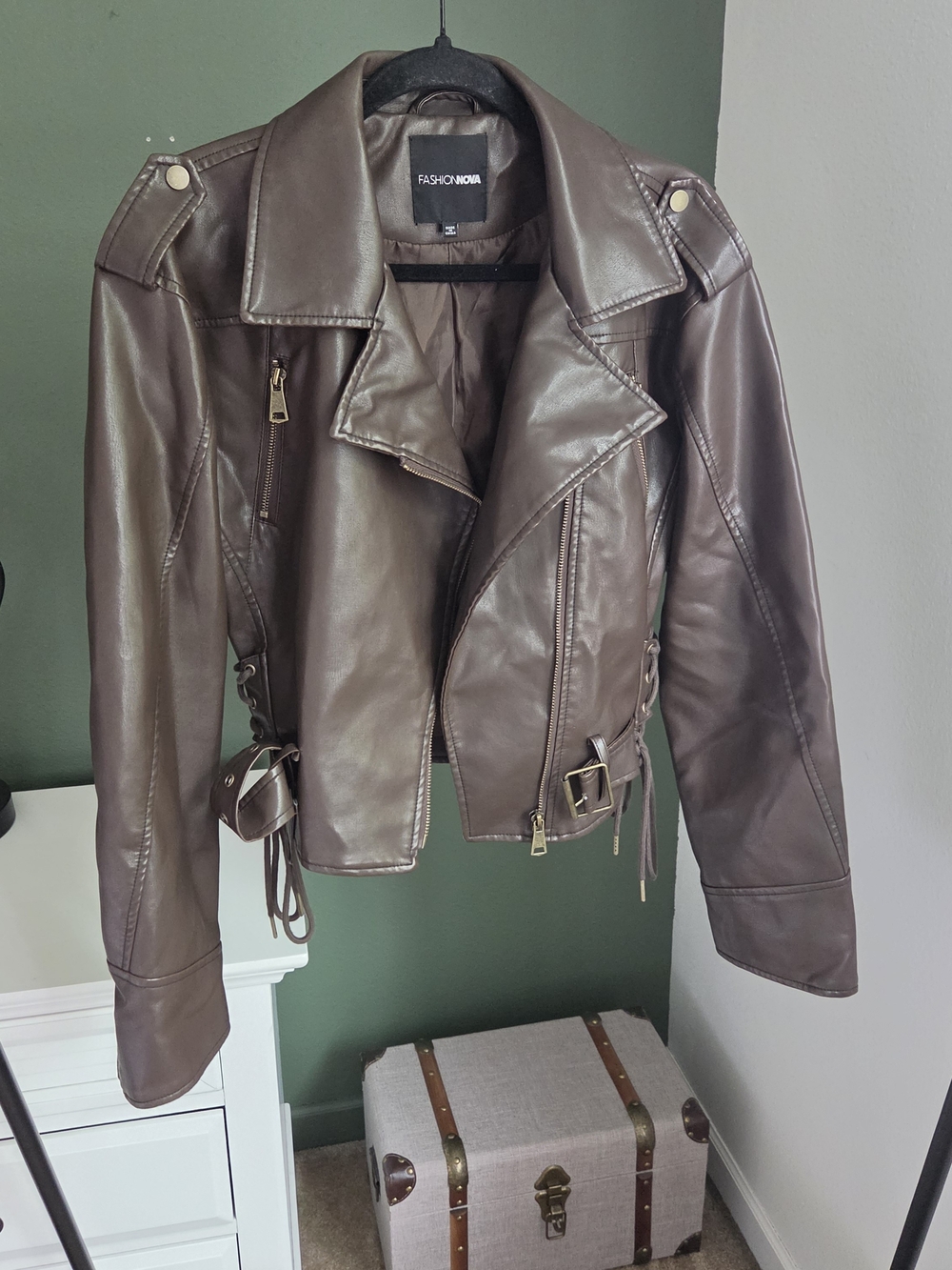 Fashion Nova Chocolate Brown Faux Leather Moto Jacket